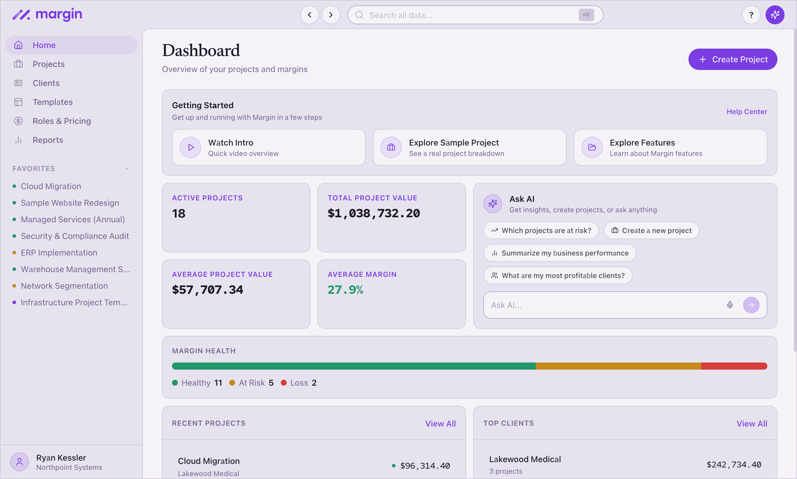 Margin dashboard showing project health indicators across the portfolio