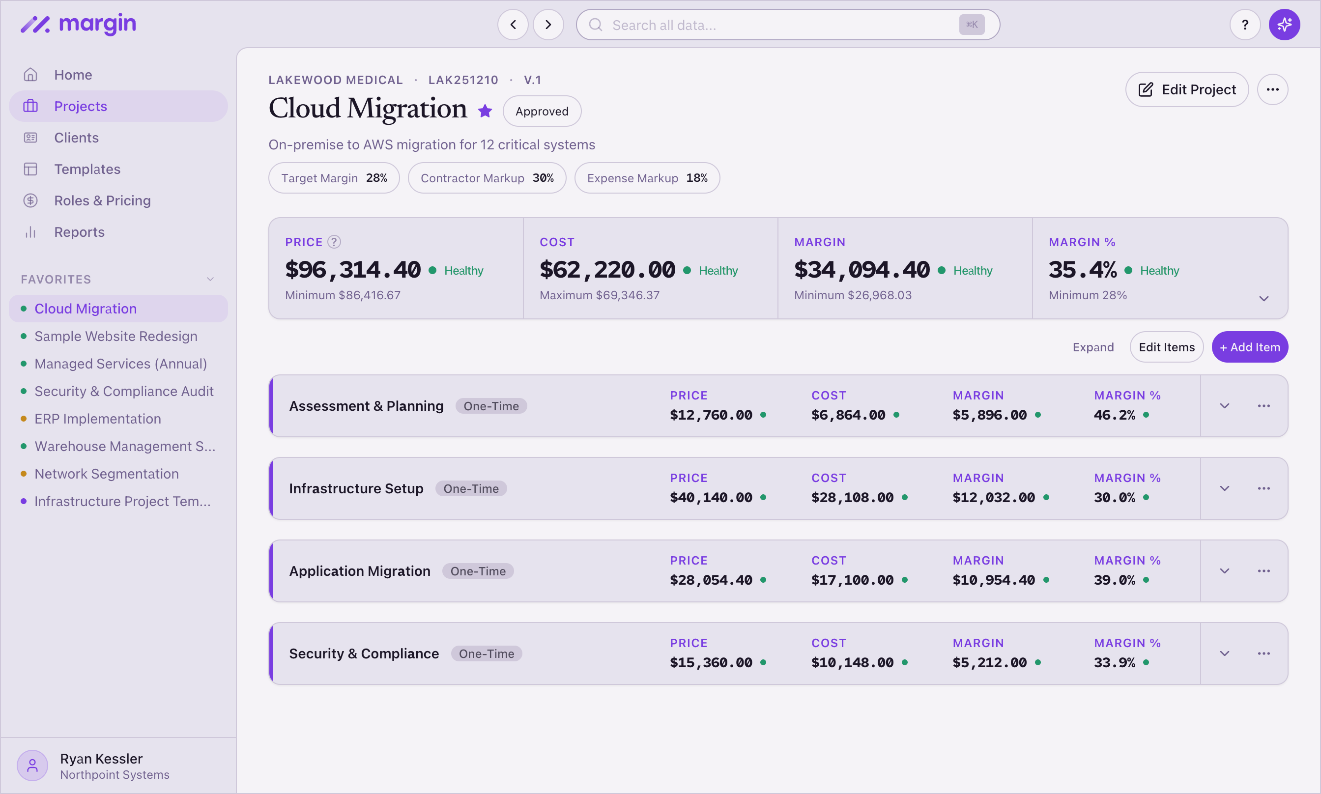 Project pricing view showing cost breakdown with labor, overhead, and profit layers