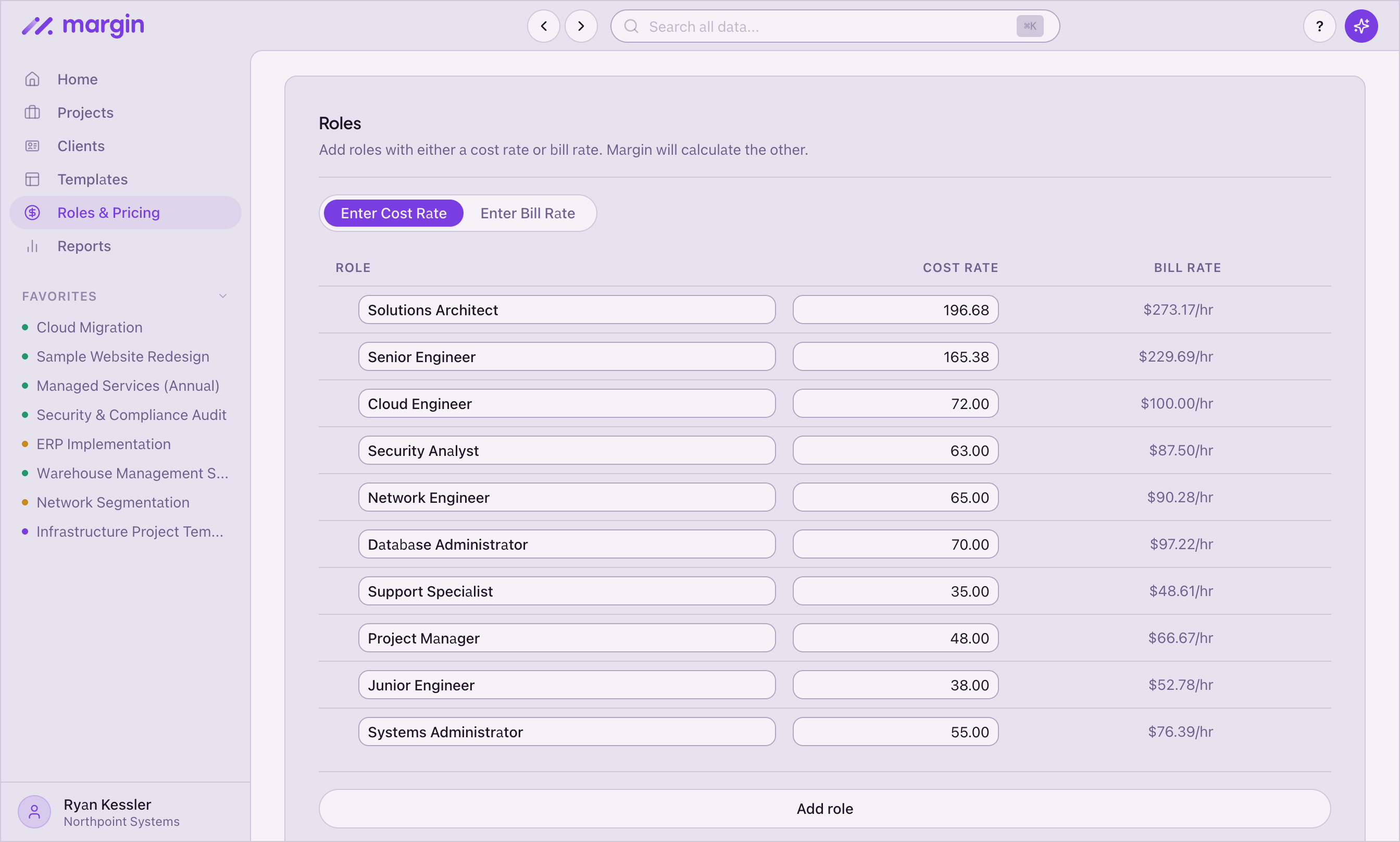 Roles and rates configuration showing salary-to-rate calculation with three pricing modes